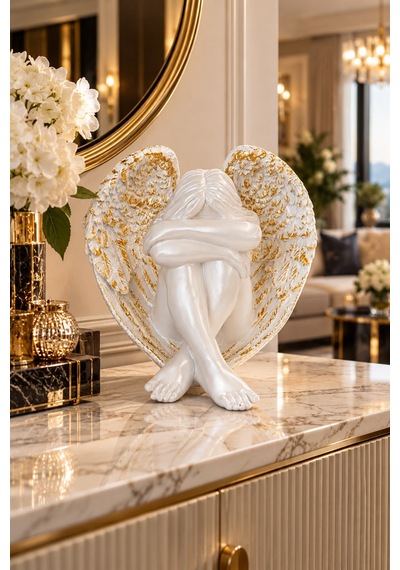 Beyaz Gold Kanatlı Melek Biblo 33 Cm Lüks Dekoratif Heykel