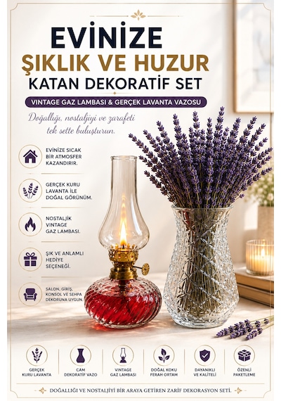Vintage Gaz Lambası Ve Cam Vazo Gerçek Kuru Lavanta Seti Dekoratif Ev Salon Konsol Raf Süsü Hediyelik 3'lü Set