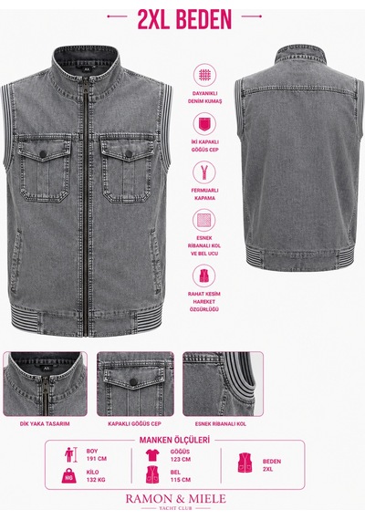 Büyük Beden Denim Dik Yaka Fermuarlı Cepli Bomber Erkek Yelek Antrasit