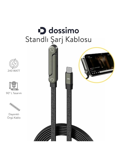 Dossimo 240w Ultra Hızlı Type-c Şarj Data Kablosu Katlanabilir Standlı 1.5m Örgülü 2 In 1 Stand+şarj Kablosu 1.5 M