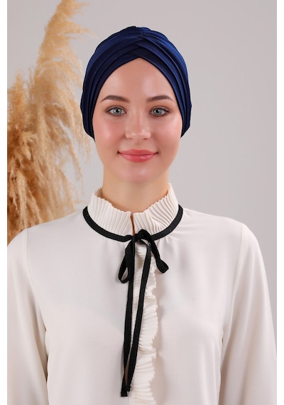 Melodi Scarf Kadın Üç Bantlı Çapraz Hazır Türban Dış Bone Lacivert Lacivert