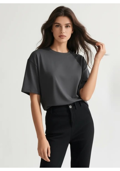 Enva Store Kadın Oversize Fit Yuvarlak Yaka Modal Basic T-shirt Tişört Antrasit