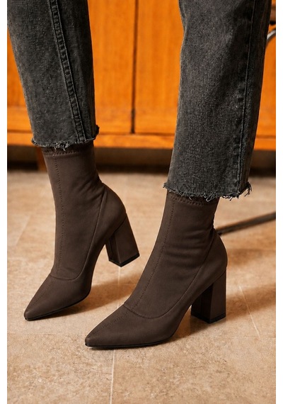Dabab Shoes Rachel Kadın Acı Kahve Sivri Burun Dalgıç Streç 7 Cm Kalın Topuklu Çorap Bot Bootie Kahverengi