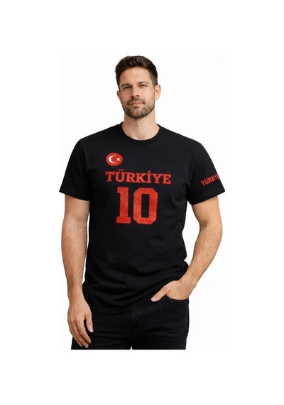 Valensdesign Erkek Türkiye Ay Yıldız Baskılı 10 Numara Forma Tişört Taraftar T-shirt - Siyah