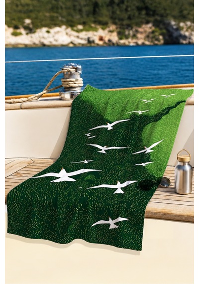 Martı Figürlü Yeşil Plaj Havlusu - Marine Doğa Temalı Modern Hızlı Kuruyan Mikrofiber Havlu Çok Renkli