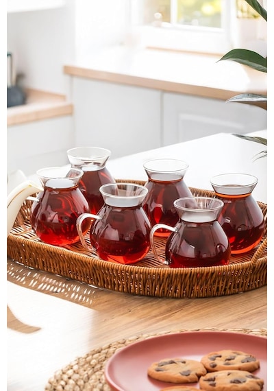 15528 Keyfi Ala 6'lı 200 Ml Borosilikat Cam Kulplu Çay Bardağı Seti Beyaz