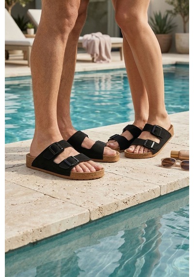Rungo Comfort Çift Bantlı Nubuk Unisex Terlik Günlük Sahil Plaj Terliği Siyah