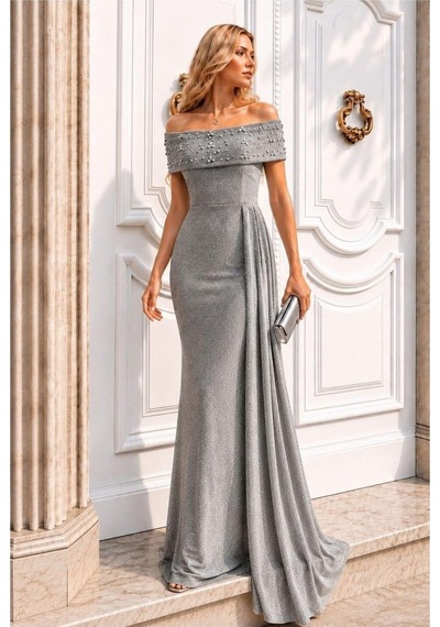 Lior Design Kadın Şık Model Degaje Yaka Dekolteli Maxi Uzun Kollu Abiye Elbise Gri