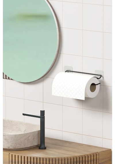 Zabata Yapışkanlı Kağıt Havluluk Siyah Kağıt Havlu Askısı Tutacağı Metal Banyo Mutfak Havluluğu Minimal Siyah
