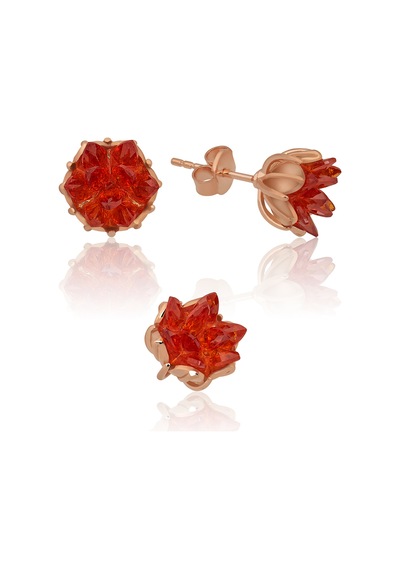 Lotus Çiçeği Küpe Garnet Kırmızı Taşlı Kadın Küpesi Uvps300096