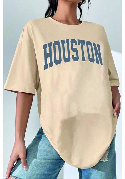 Unisex Houston Baskılı Tasarım Tshirt Bej