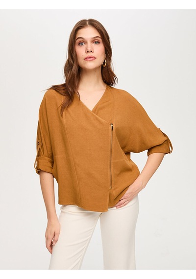 Faik Sönmez Kolu Apoletli Fermuarlı Astarsız Viskon Keten Ceket S26ckt037 Us26ckt03735 Camel