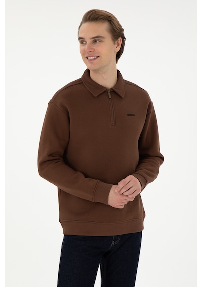 U.S. Polo Assn. Erkek Comfort Fit Yarım Fermuarlı Kahverengi Basic Sweatshirt 50298265-VR029