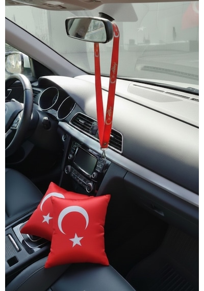 Türk Bayraklı Dijital Baskılı Araç Seyahat Boyun Yastığı 2’li Set & Türk Bayraklı Oto Ayna Askısı