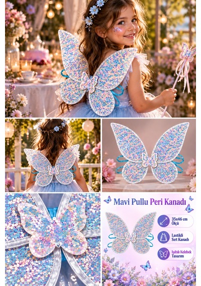 Mavi Pullu Peri Kanadı 35x46 Cm Lastikli Kelebek Sırt Kanadı Kostüm, Parti Ve Gösteri Aksesuarı