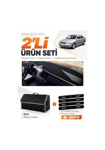 Opel Vectra B 1995-2001 Uyumlu Torpido Örtüsü + Deri Bagaj Çantası + Sticker Seti - Siyah Gri