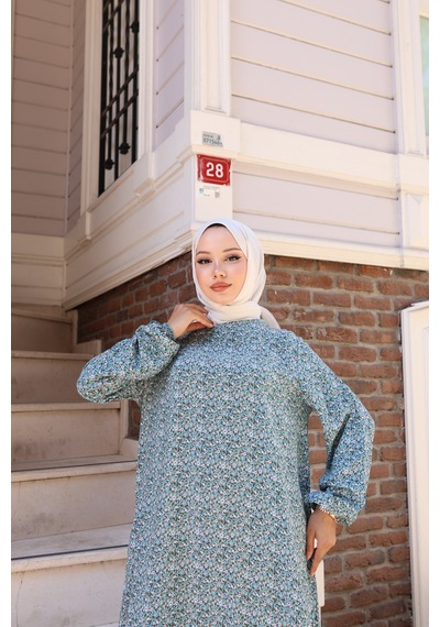 Nevayla Moda Çiçek Desenli Viskon Elbise - Açık Mavi / E0128 Açık Mavi