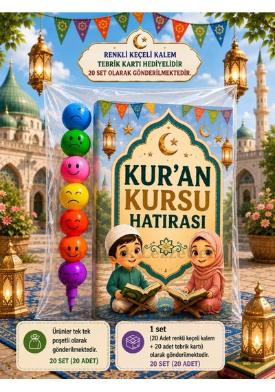 20 Adet Kur'an Kursu Hatırası Renkli Keçeli Kalem Tebrik Kartı Hediye Seti