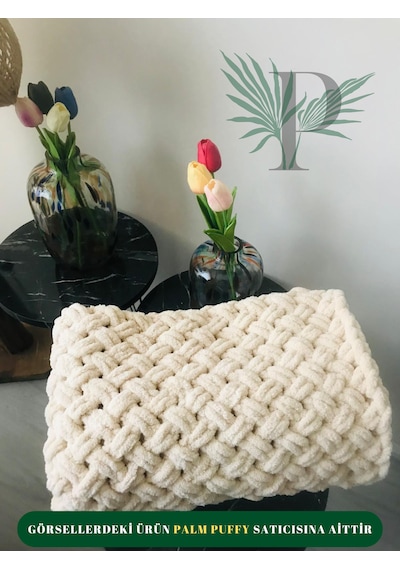 Palm Puffy Hasır Örgülü Bej Bebek Battaniyesi Bej