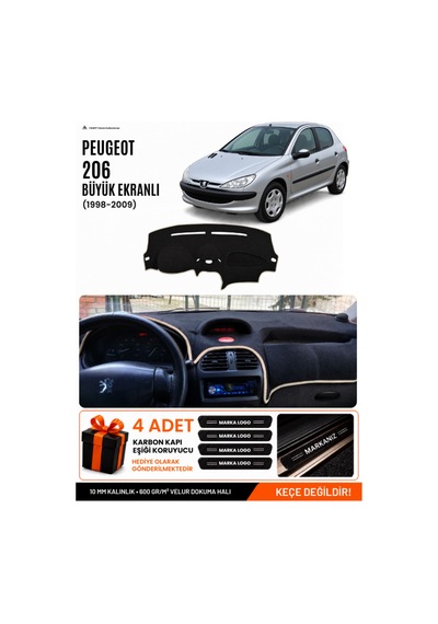 Peugeot 206 Büyük Ekranlı 1998-2009 Uyumlu Torpido Örtüsü, Torpido Kılıfı - Siyah Bej