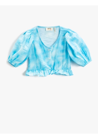 Koton Crop Bluz Balon Kollu Fırfırlı Mavi Desenli 2skg60141aw 2SKG60141AW6D0 Mavi