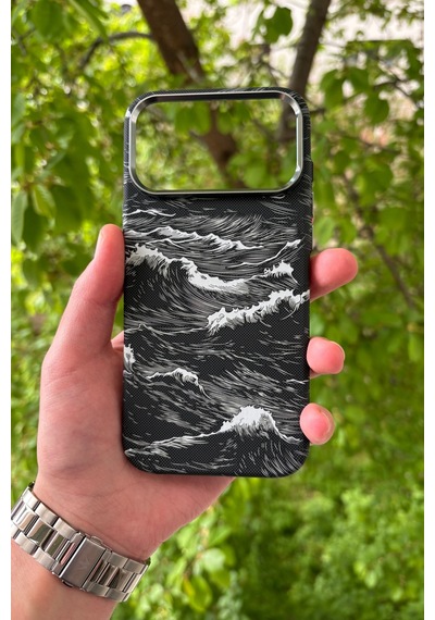 Apple iPhone Uyumlu 17 Pro Deniz Dalgası Desenli Soft Dokulu Karbon Fiber Magsafe Kılıf Siyah