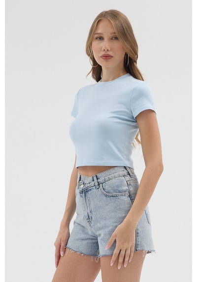 Urbantrendstore Kadın Bisiklet Yaka Likralı Kısa Kol Body Crop Bluz Günlük Şık Sade Yazlık Casual Crop Kadın Crop Mavi