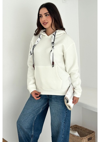 Noa & Noa Kadın Fular Detaylı Kapüşonlu Sweatshirt Casual Charm Beyaz