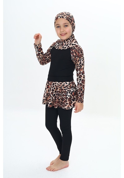 My Kids Wear Üç Parça Kız Çocuk Haşema, Tesettür, Etekli, Kapalı Mayo Mor - Siyah