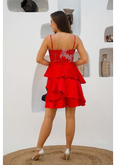 Carmen Kadın Saten Eteği Katlı Abiye Elbise 5817035 Kırmızı Kırmızı