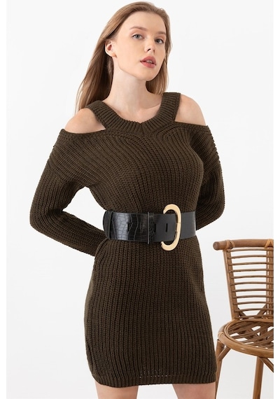 Aqe Fashion Kadın Haki Omuz Detaylı Elbise Haki