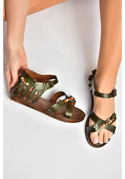 Fox Shoes Y390360203 Yeşil Hakiki Deri Kadın Sandalet