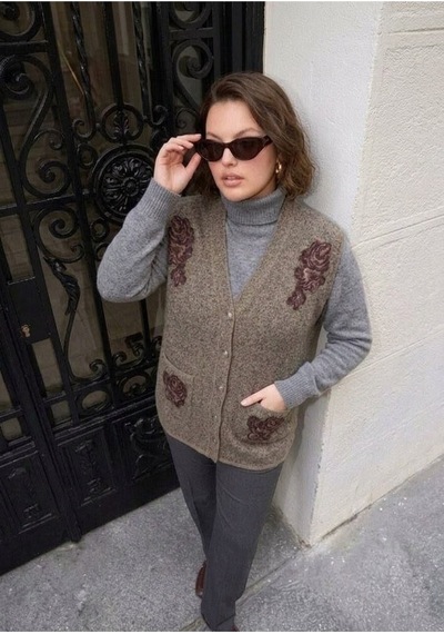 Onno Style Women Karyağdı Gül Desenli Çelik Örgü Triko Kadın Yelek Bej