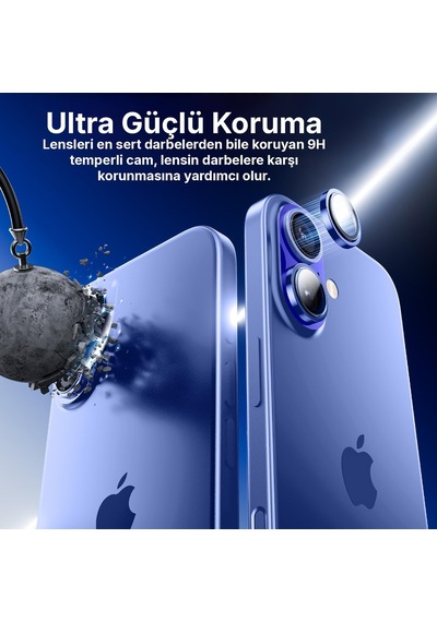 İphone 16 Ve 16 Plus İle Uyumlu Alüminyum Alaşım Çerçeveli Ve 9h Sertliğinde Temperli Camlı Lens Koruyucu Mavi, Sapphire Glass