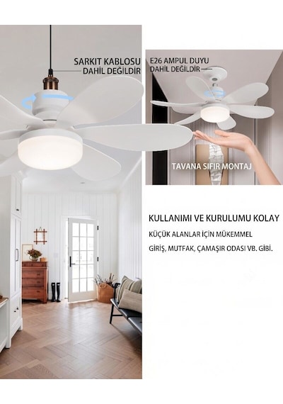 Balkon Tavan Vantilatörü Led Işıklı E27 Duy Uyumlu Fan 40w Uzaktan Kumandalı
