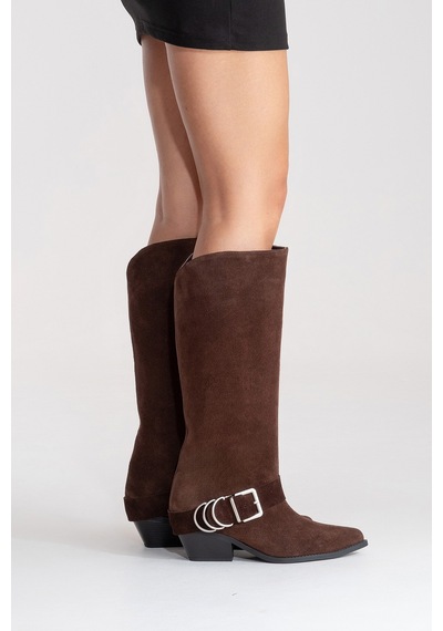 Luvishoes Helıos Kahverengi Süet Hakiki Deri Tokalı Kadın Western Çizme Kahverengi