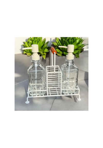 Krem 2 Li Metal Standlı Cam Sıvı Sabun Ve Sabunluk 500 Ml Krem 000 Açık Krem