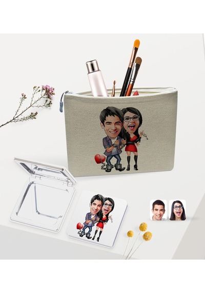 Bk Gift Kişiye Özel Sevgililer Karikatürlü Keten Makyaj Çantası Ve Ayna Seti, Sevgiliye Hediye, Sevgililer Günü Hediyesi, Doğum Günü Hediyesi-4