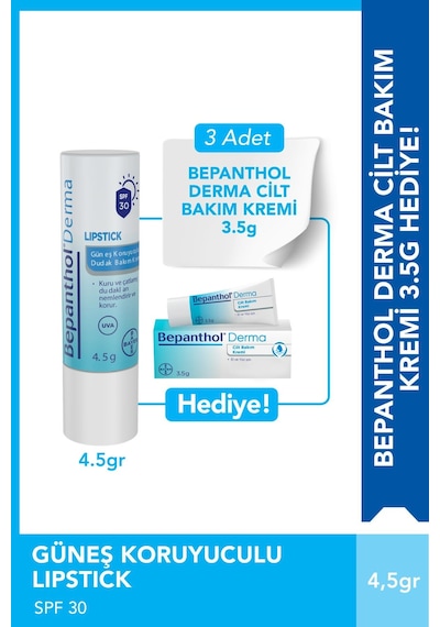 Bepanthol Lipstick Güneş Koruyuculu Dudak Bakım Kremi 4.5 G + Cilt Bakım Kremi 3 x 3.5 G