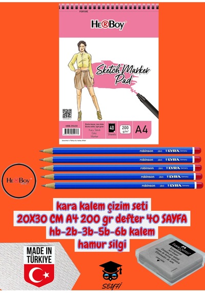 Kara Kalem Çizim Seti 20x30 Cm A4 200 Gr Defter 40 Sayfa Hb-2b-3b-5b-6b Kalem Hamur Silgi Çok Renkli