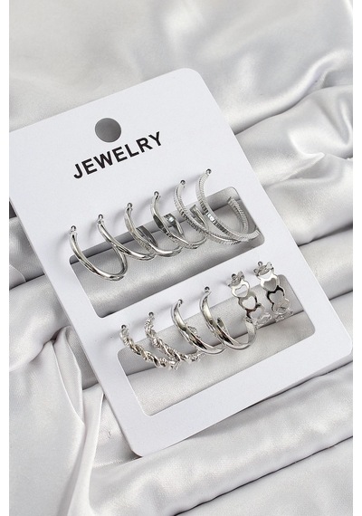 Mey İthalat Pirinç Karışık Halka Model Gümüş Renk 6 Çift Kadın Küpe Set 11 13685940