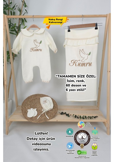 Gros Shop Müslin Yeni Doğan 4katlı Organik %100pamuk Kişiye Özgü Nakışlı Hastane Çıkış Seti Kuş Model-2 Ekru