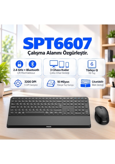 Philips SPT6607 Kablosuz Türkçe Q Klavye & Mouse Set