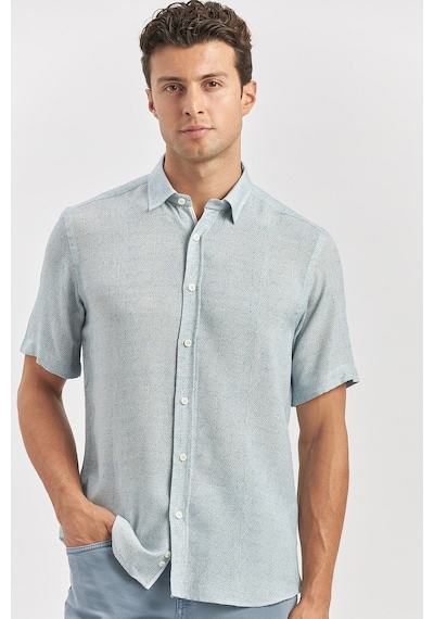 İmza Koyu Lacivert Kısa Kollu Düğmeli Yaka Biyeli Keten Casual Slim Fit Dar Kesim Gömlek 1004240242 Koyu Lacivert