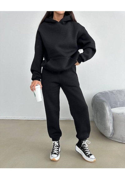 Baskısız Eşofman Takımı Sweatshirt Jogger - Siyah Oversize Şardonlu Kapüşonlu Siyah