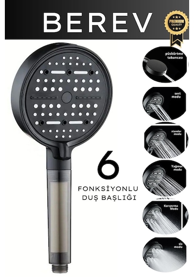 Berev 6 Fonksiyonlu Filtreli Duş Başlığı Su Tasarruflu Basınçlı Kireç Klor Önleyici Siyah