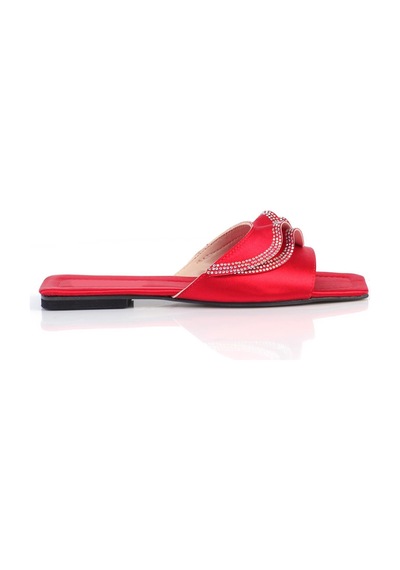 Shoetek Kathleen Kadın Terlik Taşlı Kırmızı Saten Kırmızı