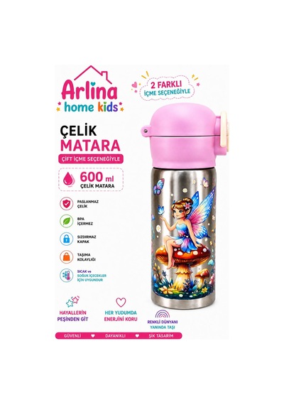 304 Paslanmaz Çelik Termos Çift İçim Modlu Kilit Kapaklı Çocuk Matarası 600 Ml Pembe