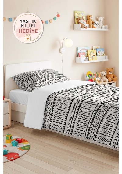 Siyah Geometrik Genç Odası Tek Kişilik Pike Takımı - Bohem Modern 160x220 Cm Kapitone Yatak Örtüsü Kışlık Meltem Kıyımı