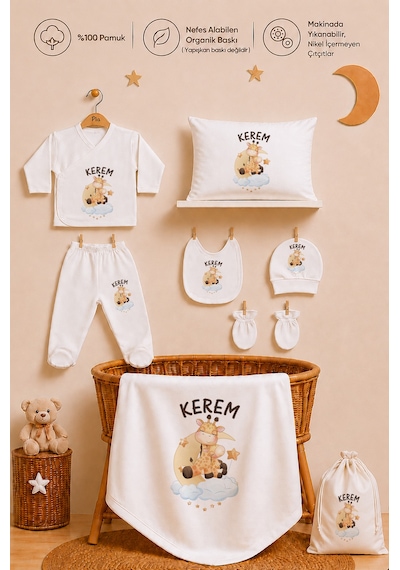 Pia Baby İsimli Hastane Çıkışı Erkek Bebek 12 Parça %100 Pamuk Organik Baskılı İsme Özel Kese Hediyeli 206611k0x Ekru